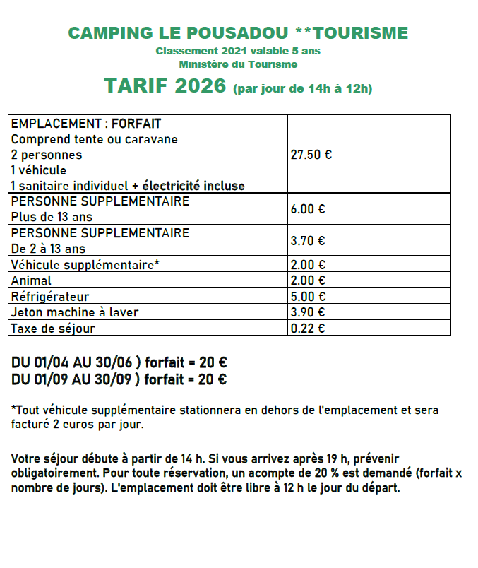 Tarifs 2026