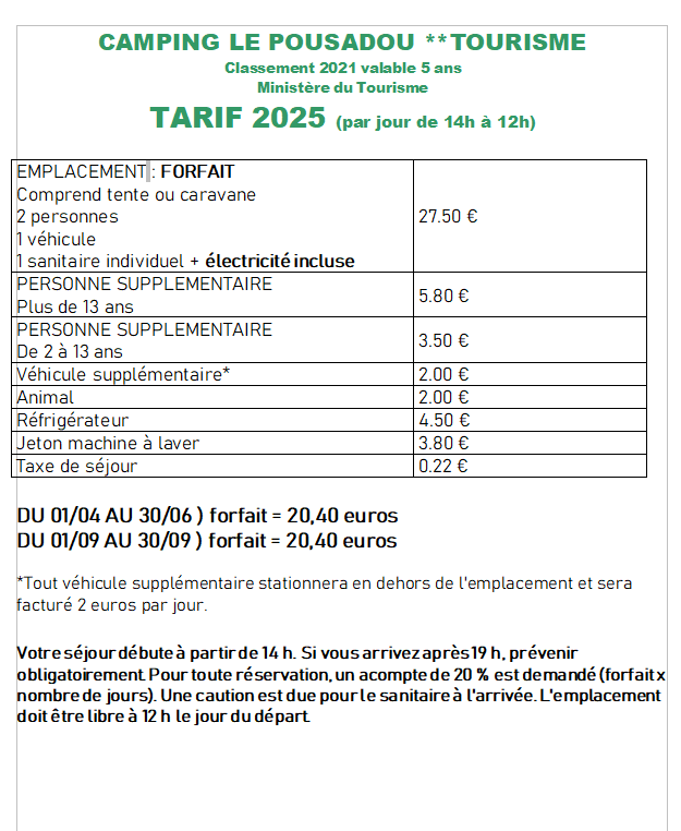 Tarifs 2025